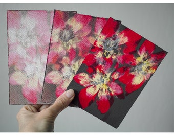 Postcard-size floral monotype screen printed cards-set of three, edition of one. Botanical print, handmade ghost print