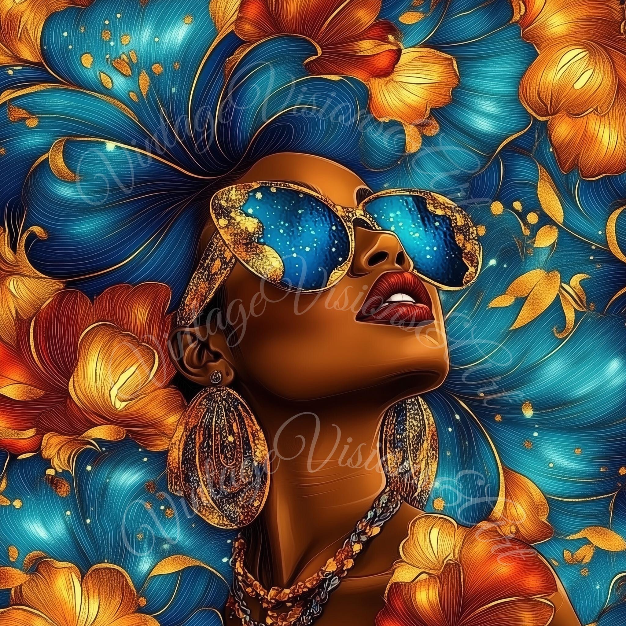 Golden Glamour - Digital Art Print | Afro Futuristic Beauty | Blue & Gold Aesthetic"