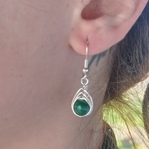 Handmade Natural Malachite Sterling Silver Herringbone Weave Teardrop Earrings zdjęcie 3