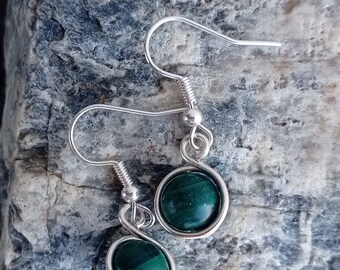 Round Handmade Silver Malachite Earrings