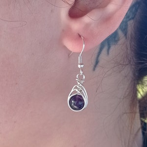 Handmade Natural Amethyst Sterling Silver Herringbone Weave Teardrop Earrings zdjęcie 4