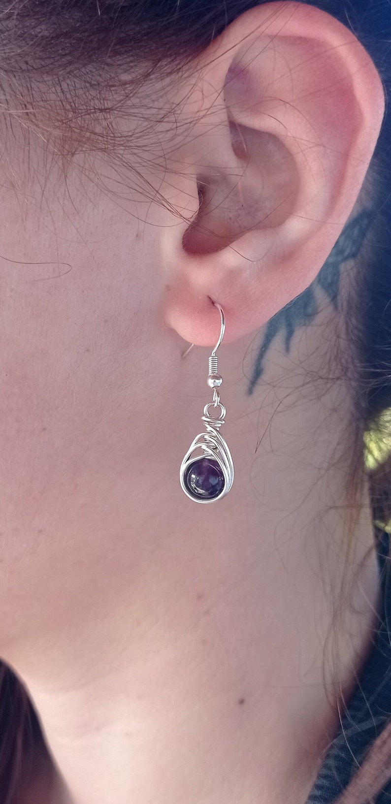 Handmade Natural Amethyst Sterling Silver Herringbone Weave Teardrop Earrings zdjęcie 4