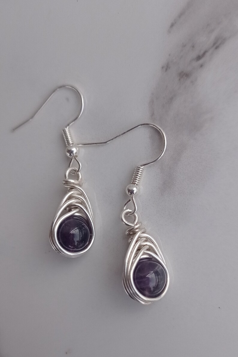 Handmade Natural Amethyst Sterling Silver Herringbone Weave Teardrop Earrings zdjęcie 3