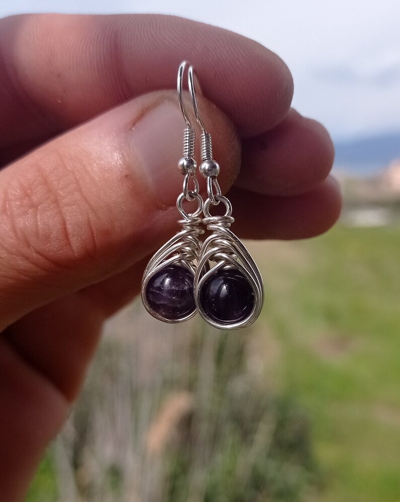 Handmade Natural Amethyst Sterling Silver Herringbone Weave Teardrop Earrings zdjęcie 2