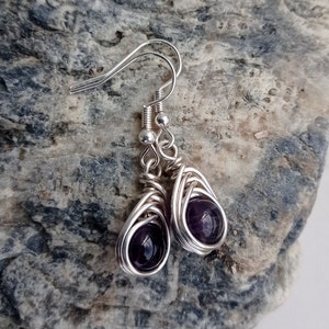 Handmade Natural Amethyst Sterling Silver Herringbone Weave Teardrop Earrings zdjęcie 1