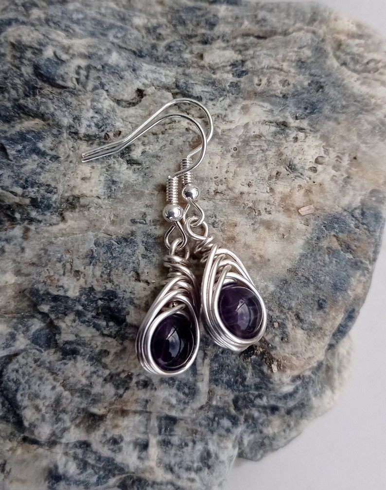 Handmade Natural Amethyst Sterling Silver Herringbone Weave Teardrop Earrings zdjęcie 1