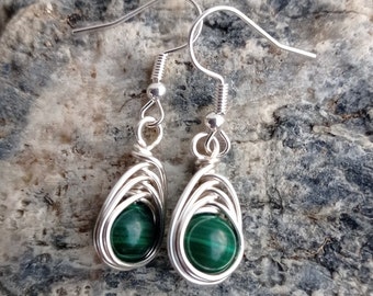 Handmade Natural Malachite Sterling Silver  Herringbone Weave Teardrop Earrings