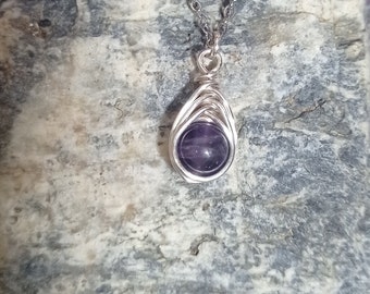 Handmade Silver Natural Amethyst Crystal Herringbone weave Pendant