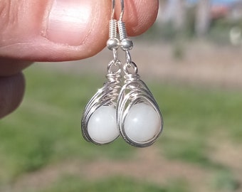 Handmade Natural White Aventurine Sterling Silver Herringbone Weave Teardrop Earrings