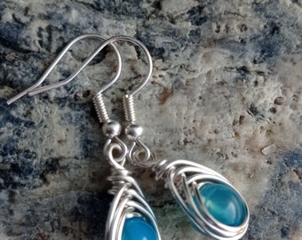 Handmade, Natural Dragon Veins Agate Sterling Silver Earrings, Herring Bone weave, Silver Wire wrapped Earrings