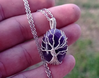 Tree Of Life, Natural Amethyst, Handmade, Gift, Silver wire wrapped pendant,