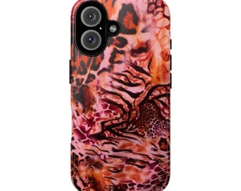 May include: A phone case with a vibrant animal print design. The case features a mix of pink, orange, and brown hues, with patterns resembling leopard spots and tiger stripes. The case has a camera cutout and black side buttons.