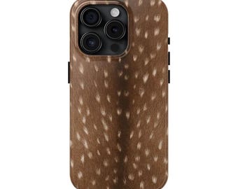 May include: A brown phone case with a white spotted pattern, similar to a deer's coat.