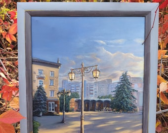 Stadtansicht Ölgemälde, Straßenlaternenkunst, Kryvyi Rih Ukraine