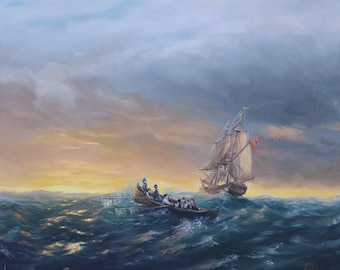 Seascape Oil Painting: Ship on Canvas, I.K. Aivazovsky Style