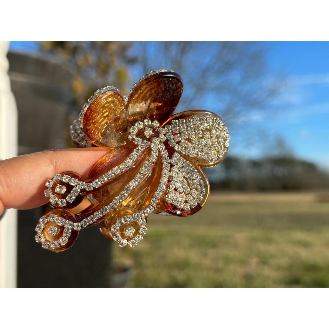 Sparkling Rhinestone Flower Claw Clip Amber Brown Acetate Hair ...