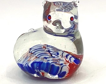 Vintage Blown Glass Kitty Figurine Paperweight  Red White Blue