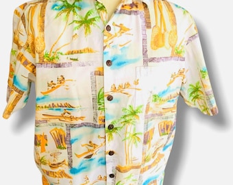 Vintage Kahala 1936 Hawaiian Aloha Shirt: Outrigger Canoe Print, Men’s Medium