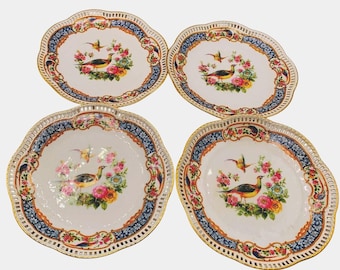Bavarian Porcelain Dish Set of Four 7” Reticulated Pheasant Floral Pattern 1960’s