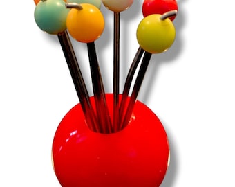 Vintage Catalin/Bakelite Ball-Top Cocktail Pick Set  Red with  Multi-Colored Toppers 1930-50s