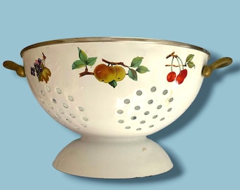 Vintage Colander Floral Enameled Brass Handles Footed  Strainer