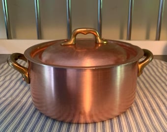 Mid Century French Copper Brass Handled Coquette Lidded Cookware
