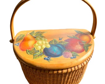 Nantucket Woven Reed Basket with Still Life Fruit Painted Lid Signed by Artist 1960