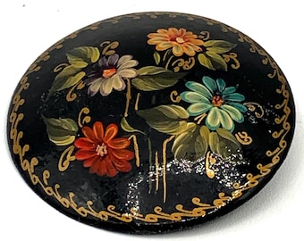 Vintage Lacquer Russian Brooch Hand Painted Signed 1994 Jewelry
