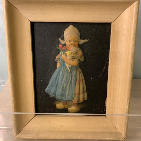 Vintage Small Lithograph Dutch Girl Kitten Tulips Grannycore