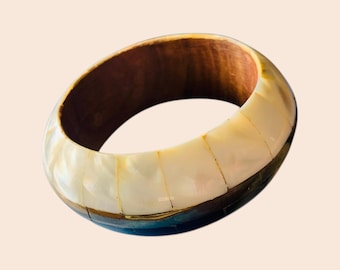 Vintage Wooden Brass Abalone and Horn Bangle Bracelet 1960-80’s