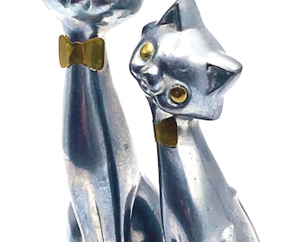 Cat Figurines Penco Siamese Statue Set Silver Gray and Brass 1950s