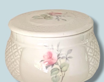 Irish Parian China Donegal Round Covered Trinket Dresser Dish Tea Rose Pattern Handcrafted  Vintage