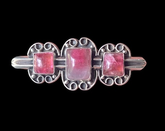Sterling Silver Pink Tourmaline 1930’s Scrollwork Brooch Bezeled  Cabachons Arts & Crafts Style