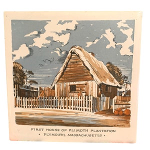 May include: A vintage illustration of the First House of Plimoth Plantation in Plymouth, Massachusetts. The image depicts a small, wooden house with a thatched roof, surrounded by a white picket fence. The house is set against a blue sky with white clouds.