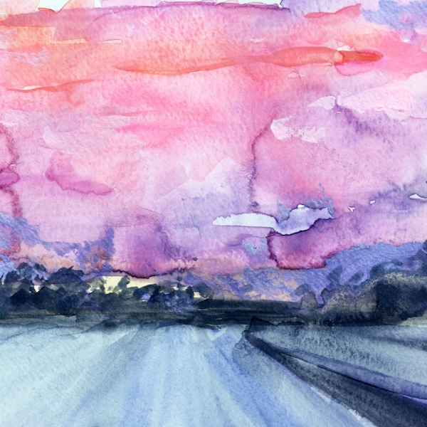 Watercolour Painting Dreamy Skyscape Ethereal Dusk Twilight Sunset Sunrise Sky