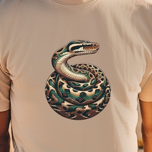 Puede incluir: Una camiseta beige con un gráfico de serpiente verde y marrón en la parte delantera.