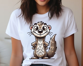 May include: A white t-shirt with a cartoon illustration of a brown and white otter with a big smile. The otter is standing on its hind legs with its paws on its hips.