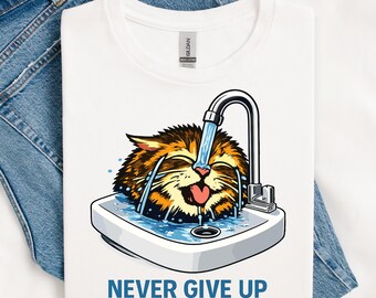 May include: White t-shirt featuring a cartoon cat under a tap, with water cascading over its head. The cat is depicted in brown, orange, and white. The text "NEVER GIVE UP" is printed below the graphic in blue.