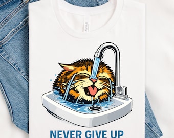May include: White t-shirt featuring a cartoon cat in a sink, with water pouring over it. The cat is smiling with its tongue out. The words "NEVER GIVE UP" are printed in blue below the graphic.