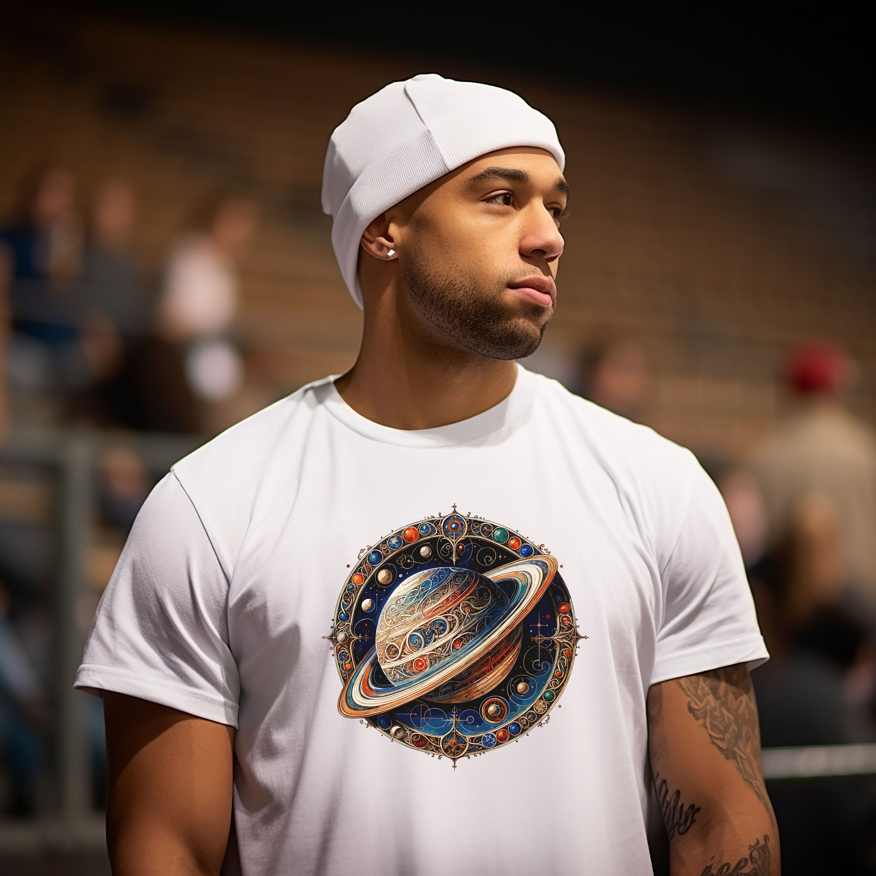 男性用土星Tシャツ、土星の惑星グラフィックTシャツ、宇宙愛好家への 