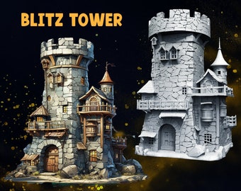 May include: A 3D printed model of a stone tower with a wooden roof and a small balcony. The tower is labeled "Blitz Tower" and is part of the "Iridium Tales" series. The model is in a gray color and is ready to be painted.