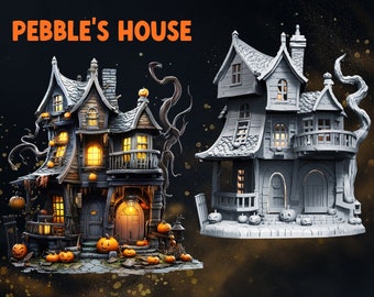 May include: A 3D printed model of a spooky, multi-level house with a crooked, overgrown tree and jack-o-lanterns. The house has a dark gray exterior with a wooden door and windows. The model is lit from within, creating a warm glow. The text "PEBBLE'S HOUSE" is visible at the top of the image. The text "IRIDIUM PIECES" and "MERCHANT #037" is also visible.