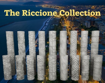 May include: A collection of eighteen cylindrical textured rollers arranged in two rows, each featuring a unique embossed pattern on its surface. The text "The Riccione Collection" is displayed in large yellow letters at the top of the image.