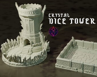 May include: A white, 3D printed crystal dice tower with a tower and a square base. The tower has a pointed roof and a small door. The base has a raised platform with a circular pattern. The text "CRYSTAL DICE TOWER" is printed on the image.