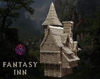May include: A detailed miniature model of a stone fantasy inn with a pointed roof, multiple windows, and a chimney. The inn is set against a backdrop of a forested mountain range.