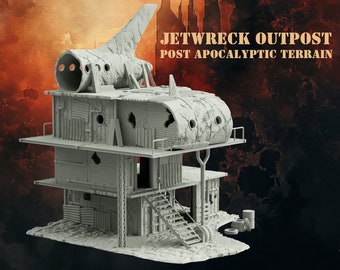 May include: A gray, 3D printed model of a post-apocalyptic building made from a crashed airplane. The building has multiple levels and is made of scrap metal and wood. The building is called "Jetwreck Outpost" and is labeled as "Post Apocalyptic Terrain".