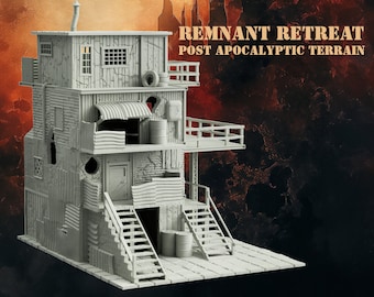 May include: A gray, multi-level, 3D printed building with a corrugated metal roof and a balcony. The building has a weathered, post-apocalyptic look. The text "REMNANT RETREAT POST APOCALYPTIC TERRAIN" is printed on the image.