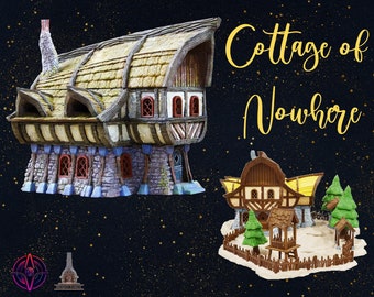 May include: Two miniature model cottages with thatched roofs and wooden beams. The larger cottage is brown and gray with a blue base and the smaller cottage is brown with a yellow roof and a brown fence. The text "Cottage of Nowhere" is written in yellow cursive letters.