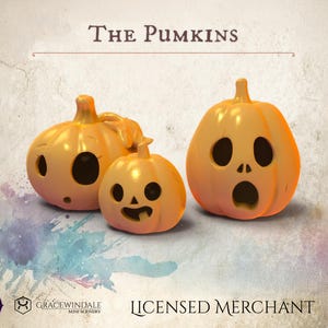 May include: Three orange pumpkins with carved faces. The pumpkins are arranged in a row on a white background with a watercolor effect. The text "The Pumpkins" is above the pumpkins.