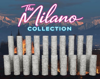 May include: A collection of light gray cylindrical textured rollers featuring various embossed patterns. The text "The Milano COLLECTION" is displayed in pink and blue script and block lettering above the rollers against a mountain backdrop.